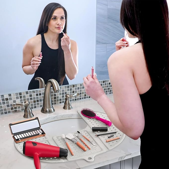 Sink Topper Bathroom Sink Cover for Counter Space & Storage Saver | RV Must Haves | Silicone Foldable Beauty Makeup Brush Cleaning Mat | Hot Tools Organizer | RV Sink Cover | Large, Pearl
