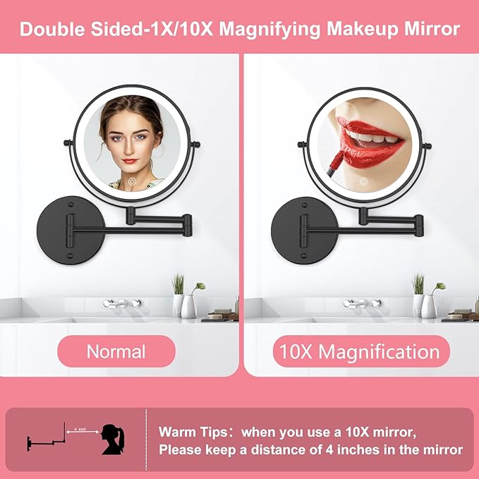Rechargeable 8” Wall Mounted Makeup Mirror with Lights, 1X/10X Double-Sided, 2000mAh Battery, 3-Color Touch Control LED, Foldable Extendable Arm, Lighted Bathroom Vanity Mirror – Black