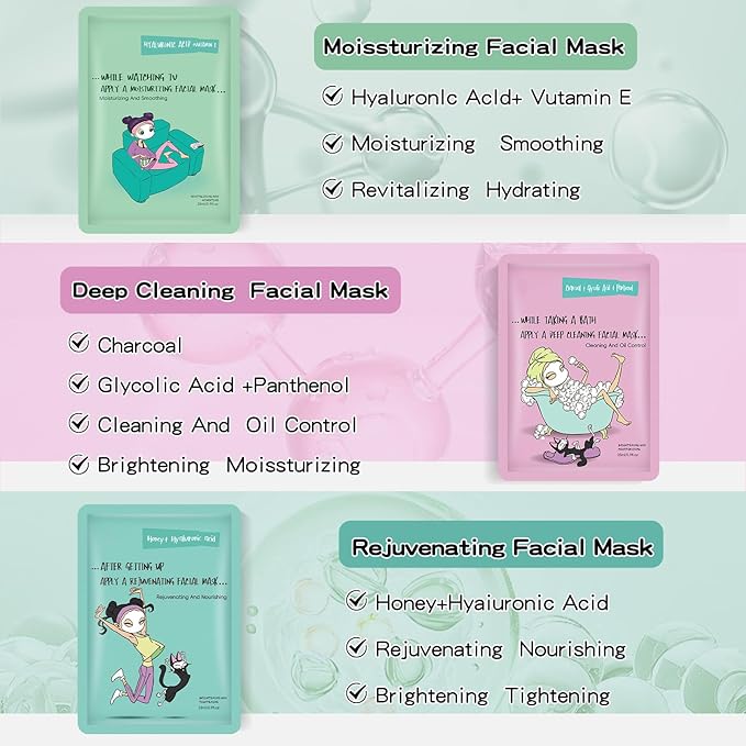 Face Masks Skincare Set for Girl,Moisturizing Collagen Facial Masks for Women Home Spa,Hyaluronic Acid Face Mask for All Skin Types,Day Night Facial Mask Hydrating,Deep Cleaning,Oil Contral(12Pack)