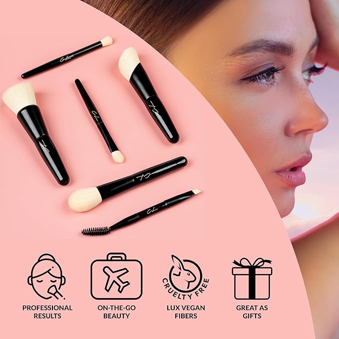 IN THE CLOUDS Travel Makeup Brushes Set + Case | Professional 7 Mini Foundation, Blush, Eyeshadow, Contour, Eyelining, Brow Brush | Short Handle Brush Set for Nearsighted | Soft for Sensitive Skin