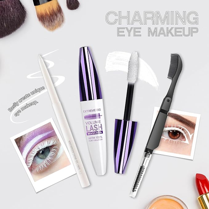 White Mascara and Eyeliner Set,5D Colored Mascara Volume and Length Waterproof,Natural Curling rimel de pestañas,Suitable for Women Eye Makeup