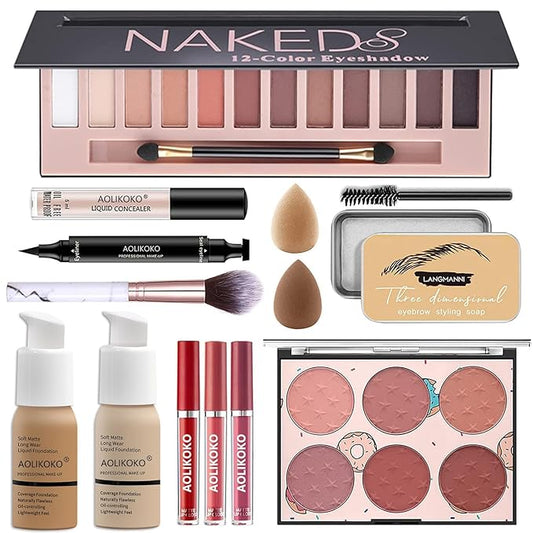 12-Color Pro Makeup Kit for Women - Eyeshadow, Foundation, Lipstick, Blush, Brushes, Eyeliner Stamp