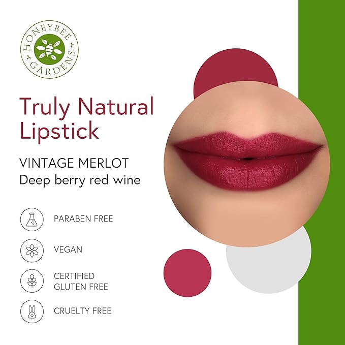 Honeybee Gardens Truly Natural Long Lasting Lipstick, Vintage Merlot, Deep Berry Red Wine, Naturally Hydrating & Nourishing, Vegan, Gluten-Free & Cruelty-Free, 0.11 oz / 3g