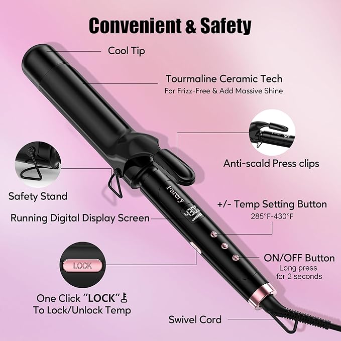 Farery 1.5 inch Curling Iron For Long Hair, Lightweight Long Barrel Curling Iron 1 1/2 Inch, Ceramic Curling Wand Infused Argan Oil & Keratin for Bouncy Curls, 9 Temp Digital Display & Lock Key, Glove