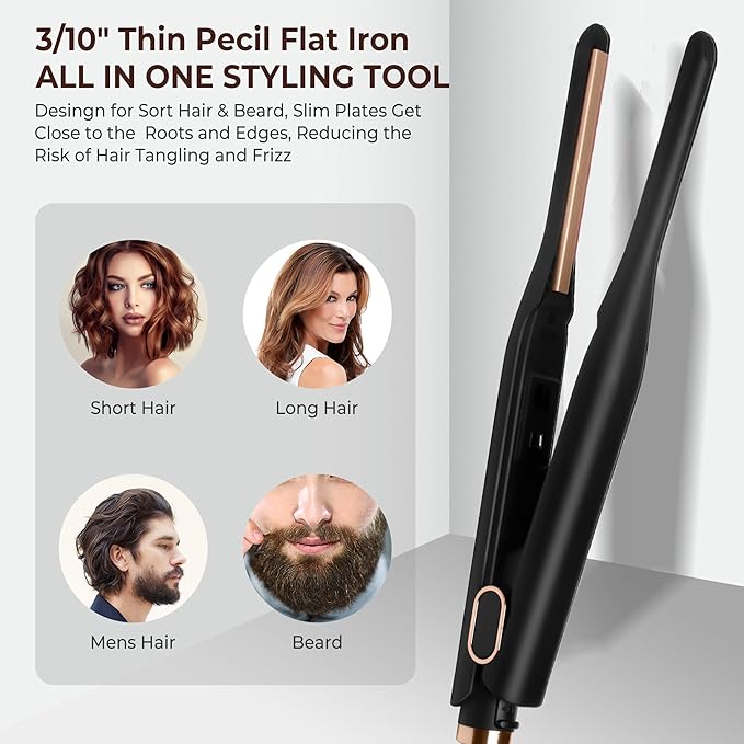 3/10”Thin Pecil Flat lron All in one Styling Tool，Mini Hair Straightener,，Micro Hair Straightener，Small Flat Irons for Short Hair, Curls Bangs, Dual Voltage，Plus Travel Friendly