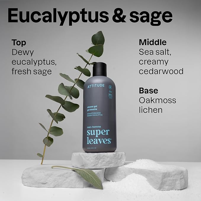 ATTITUDE Shower Gel Body Wash for Men, 98% Natural Origin Ingredients, Paraben & Phthalate Free, EWG Verified, Cleanses Without Drying, Eucalyptus & Sage,14 Fl Oz