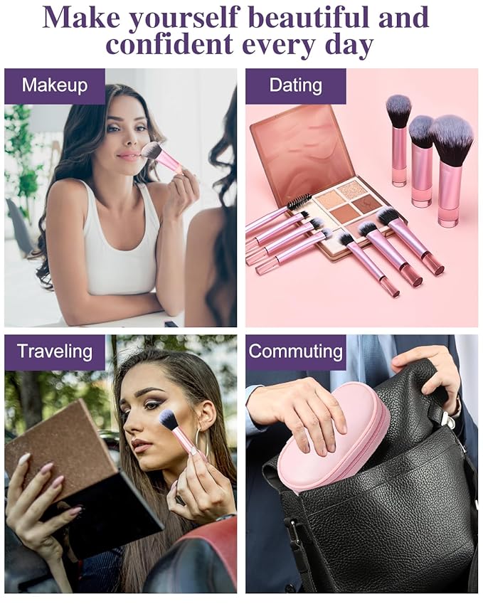 10 Pcs Mini Makeup Brush Travel Size Set With Brush Pouch, Portable Small Full Complete Function Cosmetic Brushes Kit for Women and Girls On the Go (Pink)