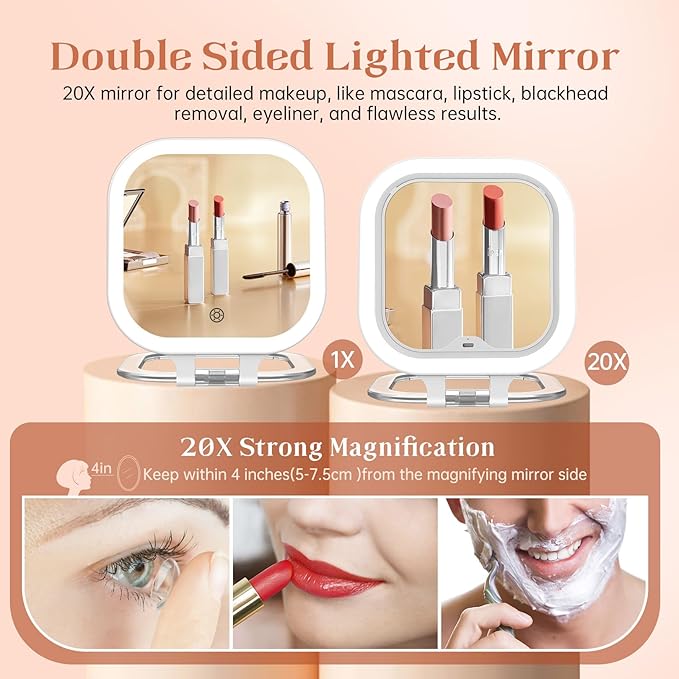 FASCINATE Compact Travel Makeup Mirror with Lights and Magnification, 3.5 inch Portable 1X/20X Magnifying Mirror with 3 Color Light, Folding, Handheld (White)