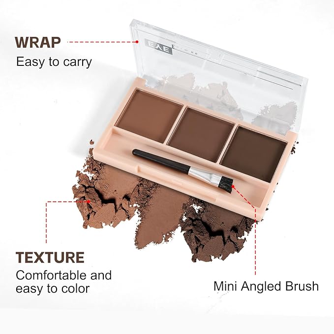 3-Color Eyebrow Powder Palette, Brow Powder Filler Kit With Brow Brush, Waterproof Neutral Eye Makeup for Women, Smudge-proof