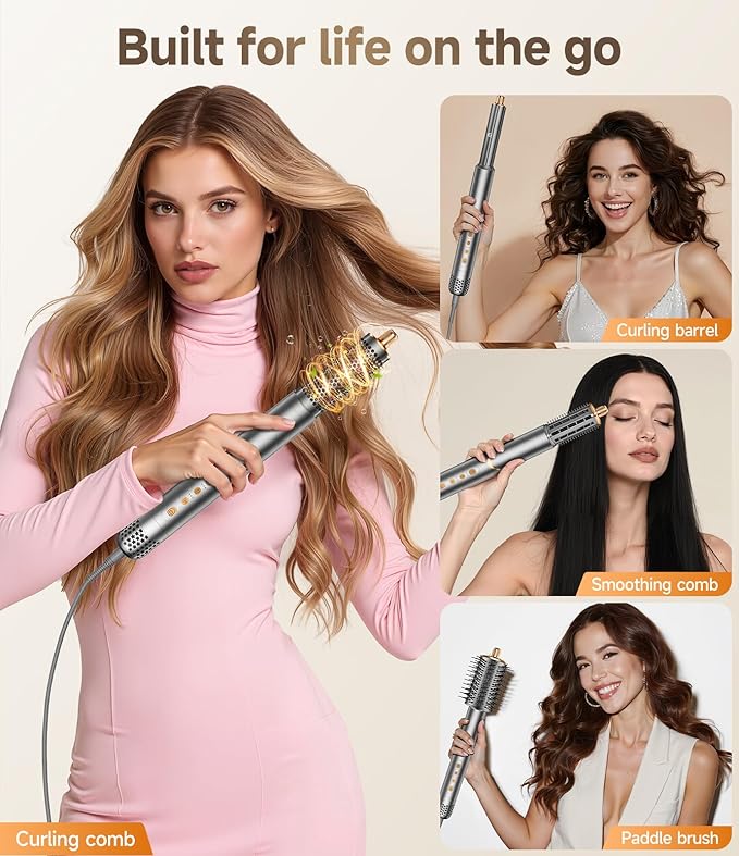 8 in 1 Hair Styler Set & Hair Dryer Brush, 110,000 RPM High-Speed Negative Ionic Foldable Hair Dryer Fast Drying, Multi Professional Hot air Styler for Curling Volumizing Straightening Styling(Gray)