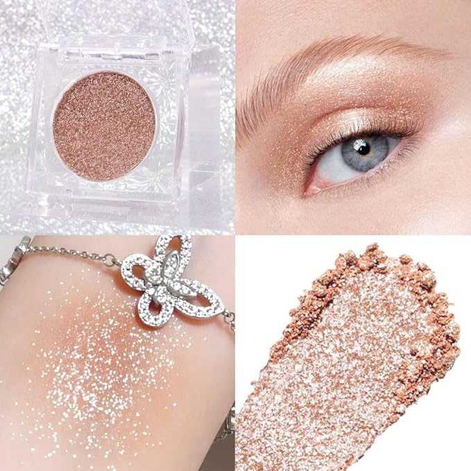 Glitter Shimmer Sparkle Eye Shadow Palette Makeup for Women, Shimmer Gold Brown Glitter Metallic Holographic Iridescent Cream Iridescent Single Monochrome Eyeshadow Makeup
