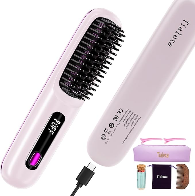 Cordless Hair Straightener Brush for Travel, 200 Million Negative Ionic Portable Hair Straightener Comb for Women with LED Display & 3 Temps, 30s Fast Heating USB Charging Smooth Frizz(Purple)