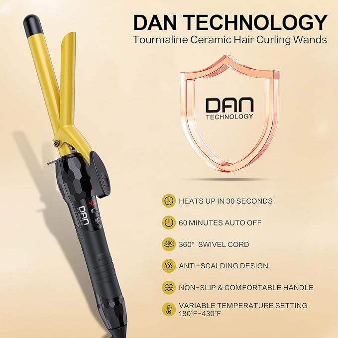 DAN Technology 5/8 Inch Curling Iron Wand, Tourmaline Ceramic Hair Curler with LCD Display (180°F–430°F), Fast Heating, Dual Voltage, Auto Shut-Off, Black & Gold