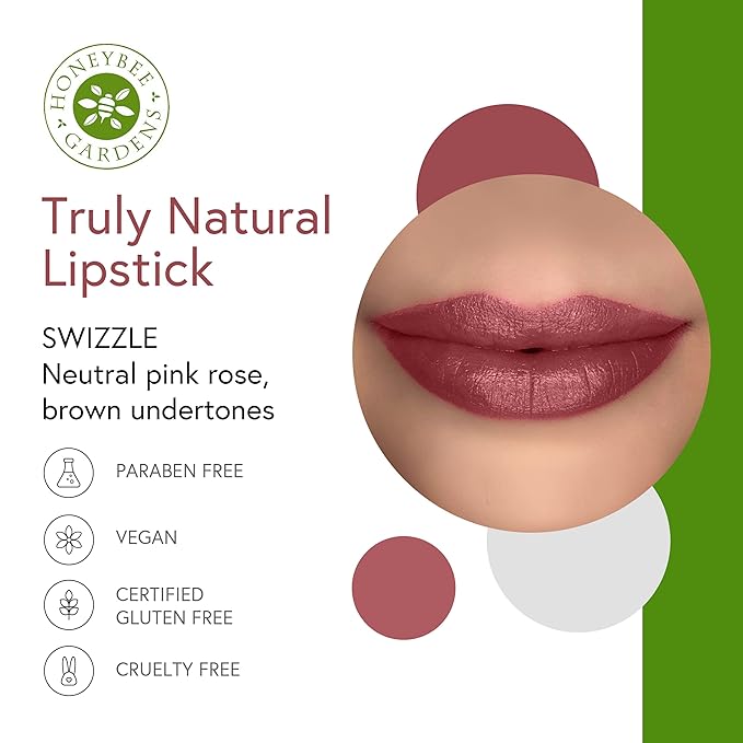 Honeybee Gardens Truly Natural Long Lasting Lipstick, Swizzle, Neutral Pink Mauve, Naturally Hydrating & Nourishing, Vegan, Gluten-Free & Cruelty-Free, 0.11 oz / 3 g