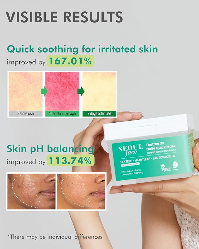 DERMAL Seoul Face Tea Tree & Heartleaf Daily Sheet Mask, 36 Count Pull-Out Dispenser Box with Tweezers, Calming Care for Redness-Prone Oily Skin, Lactobacillus Ferment, Vegan Tencel
