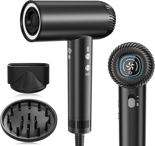 2025 Updated Hair Dryer, 200000 RPM High Speed Blow Dryer with Diffuser for Women, 1000 Million Ionic Hair Dryer with Brushless Motor, Low Noise Hair Blow Dryer for Curly Hair Dog Salon Travel, Black