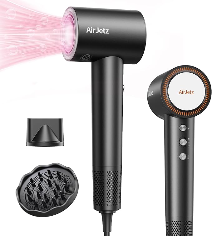 Hair Dryer, 160,000 RPM High-Speed Ionic Blow Dryer for Fast Drying, Professional Lightweight Hairdryer with Diffuser, Magnetic Nozzle, 4 Temps & 2 Speeds, Low Noise for Travel - Black