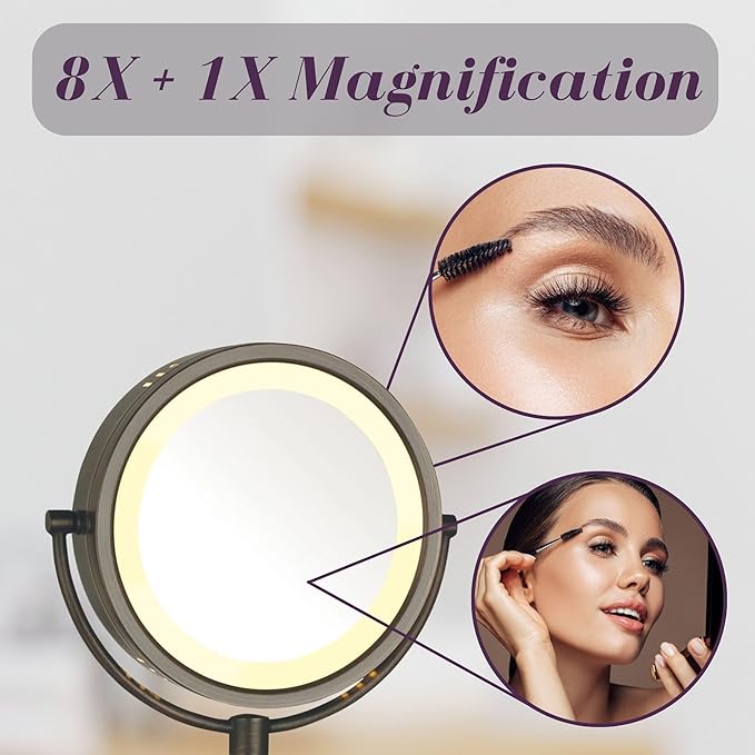 JERDON Two-Sided Wall-Mounted Makeup Mirror with Lights - Lighted Makeup Mirror with 8X Magnification & Wall-Mount Arm - 8.5-inch Diameter Mirror with Bronze Finish Wall Mount - Model HL75BZ