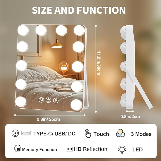 Hollywood Vanity Mirror with Lights, 9.8" x 11.8" Lighted Makeup Mirror with 12 LED Dimmable Bulbs, 3 Color Modes, USB Charging Port Touch Control, 360°Rotation
