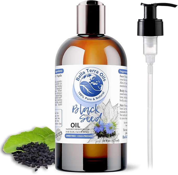 Bella Terra Oils - Black Seed Oil 16oz - Purity from Black Cumin Seeds, Bursting with Omega Fatty Acids & Vitamins, Enhance Your Beauty Regimen