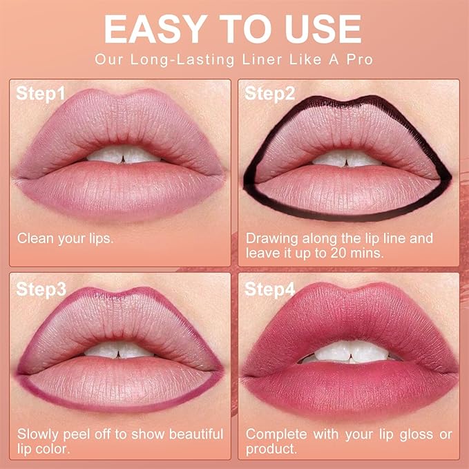 OETUIOW Lip Stain Peel Off, Lip Liner Moisturizing Long-Lasting & Waterproof, Transfer Proof & Plumping, Non-Stick Cup, Coral Color