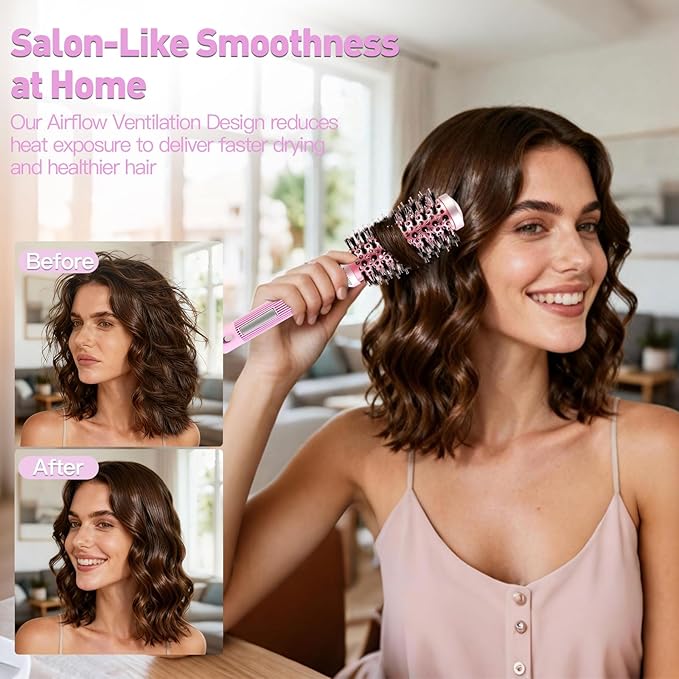 URTHEONE Round Hair Brush for Women Blow Drying, Ceramic Ionic Styling Tool with Mixed Bristles and Hair Clips, for Smooth and Voluminous Styles on Short Bangs Hair (1.3 Inch)