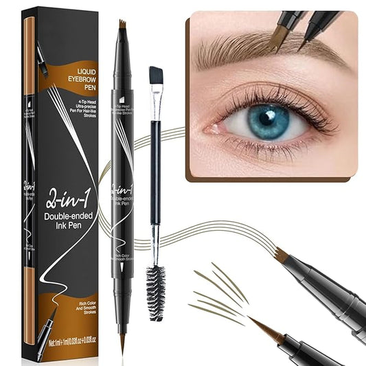 Two Eyebrow Pencils, 2025 NEW Waterproof Magic Eyebrow Pencil, Dual-Ended 3D Microblading Eyebrow Pen with 4 Tip & Eyebrow Brush, Makeup Long-Lasting Eyebrow Pen for Women (01#Light Brown*2)