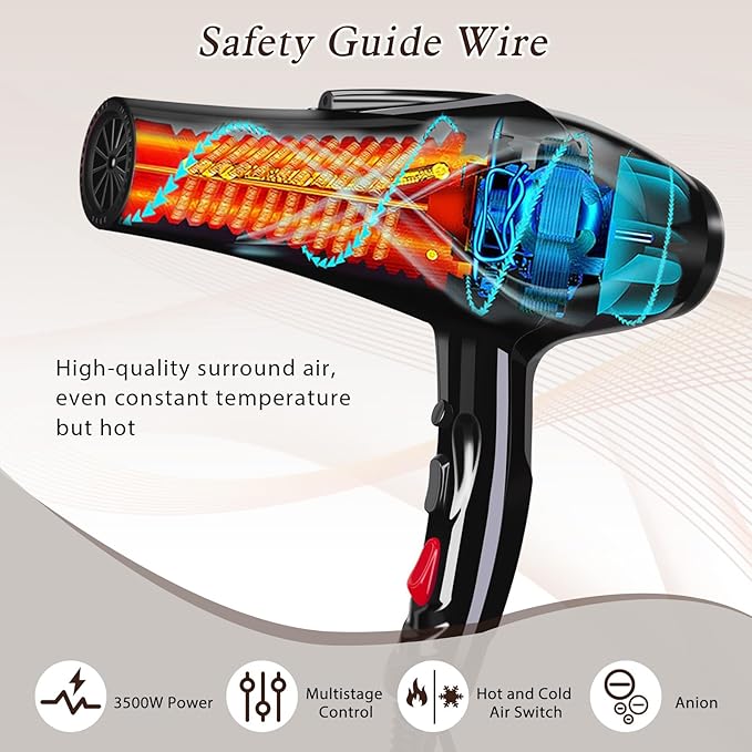Professional Hair Dryer 3500 Watt Powerful Salon Blow Dryer Ceramic Tourmaline Quick Dry Ionic Hair Dryer with AC Motor Concentrator Diffuser Attachments