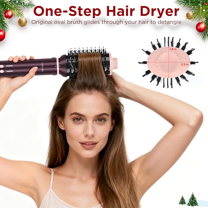 7-in-1 Hot Air Styler, Dual Voltage MaxAIR 2.0 Multi-Styler Set, High Speed Hair Dryer Brush with Air Hair Straightener, 1.1 Inch Auto-Wrap Curlers, 110,000RPM, Christmas Edition, Jasper Plum