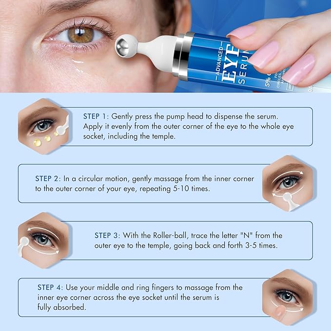 Advanced Eye Serum with 5% Caffeine & Retinol Hyaluronic Acid Niacinamide Eye Treatment Cream for Puffy Bags Dark Circles Fine Lines Under Eyes Serum with 360°Massage Roller Ball 15ML/0.5 fl.oz