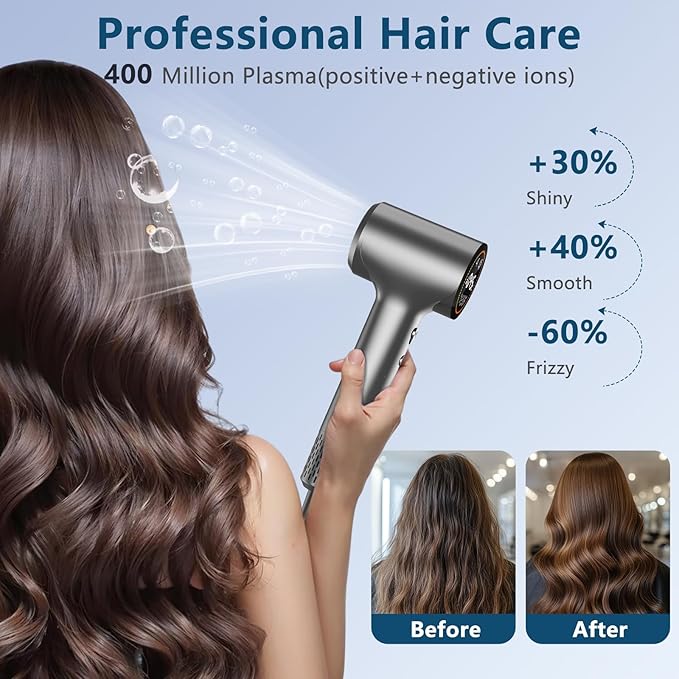 Hair Dryer ，Ionic Hair Dryers for Women/Man,110, 000 RPM Professional HD Display High-Speed Blow Dryer, Fast Drying Cool&Hot Air Hair Dryer,400 Million Plasma Low Noise Hairdryer with Magnetic Nozzle