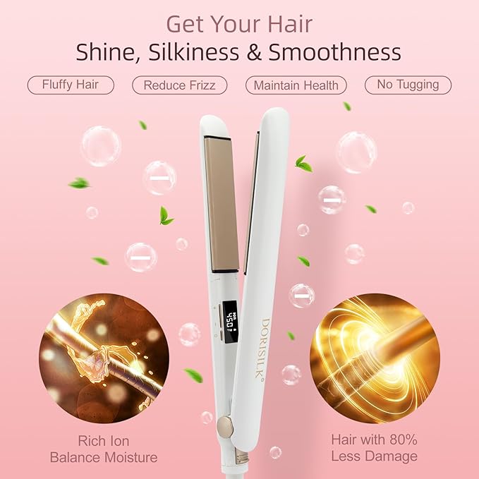 DORISILK Ceramic Flat Iron 450 Degrees, Hair Straightener and Curler 2 in 1, 30s Fast Heat Straightening Iron for Hair, Dual Voltage Hair Iron 1 Inch Salon Control Temp Gift for Women Girls, White