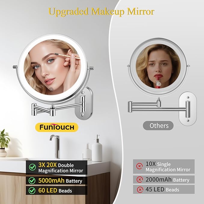FUNTOUCH Rechargeable Wall Mounted Makeup Mirror with Lights,5000mAh Double Sided 3X/20X Magnifying,3 Color Lights,Touch Dimmable, Extended Arm 360 Rotation Lighted Bathroom Mirror with Magnification
