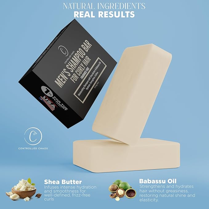 Controlled Chaos Curly Hair Solid Shampoo Bar for Men with Shea Butter & Babassu Oil Moisturizing & Frizz Control, Sulfate-Free, Vegan (Fragrance Free) - 4 oz