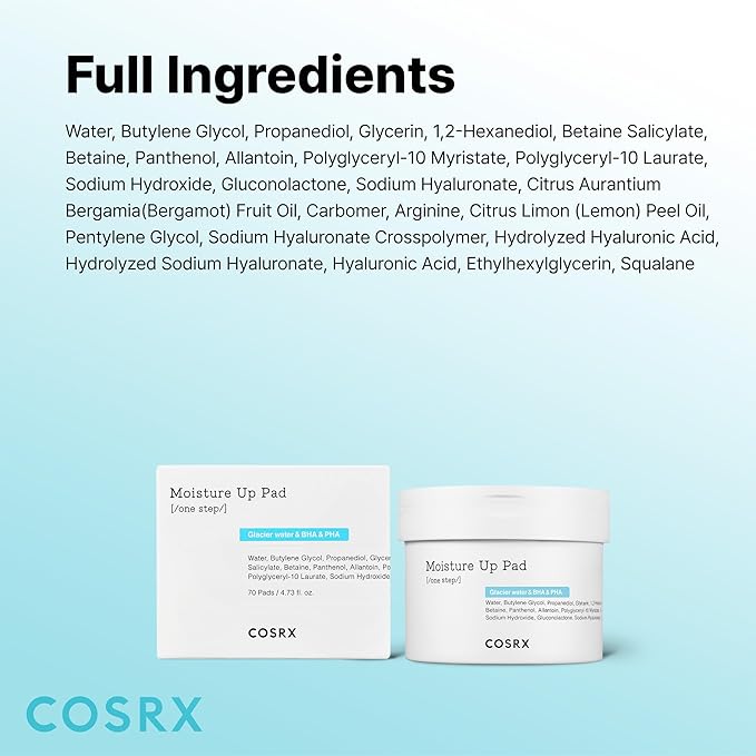 COSRX Moisture Up Pads 70 Sheets, BHA, Gentle Daily Exfoliant for Sensitive Skin, Preventing Breakouts, Moisturizing, Nourishing, Blemish Care, Korean Skin Care
