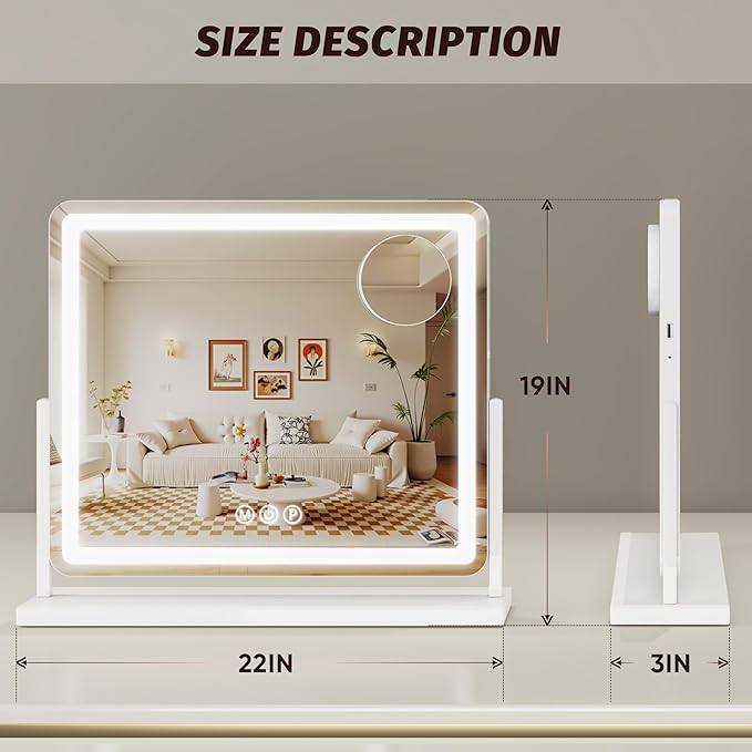 Vanity Mirror with Lights, 22"x19" Hollywood Lighted Makeup Mirror for Tabletop & Bedroom 3 Color Lighting Modes Smart Touch Control 360° Rotation Detachable