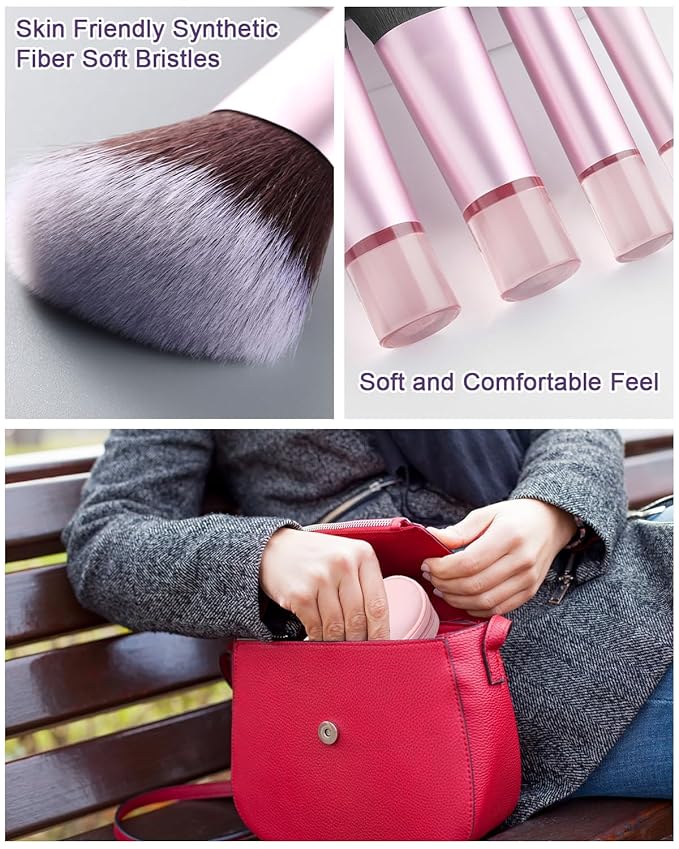 10 Pcs Mini Makeup Brush Travel Size Set With Brush Pouch, Portable Small Full Complete Function Cosmetic Brushes Kit for Women and Girls On the Go (Pink)