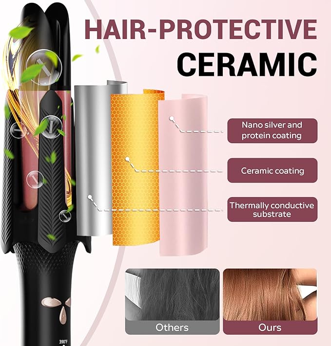 Auto Rotating Hair Curler - 4 Temperature and Timer Settings, Automatic Curling Iron with Automatic Shut-Off, Anti-Tangle and Scalding, Curling Wand for Long Lasting Curls (Black)