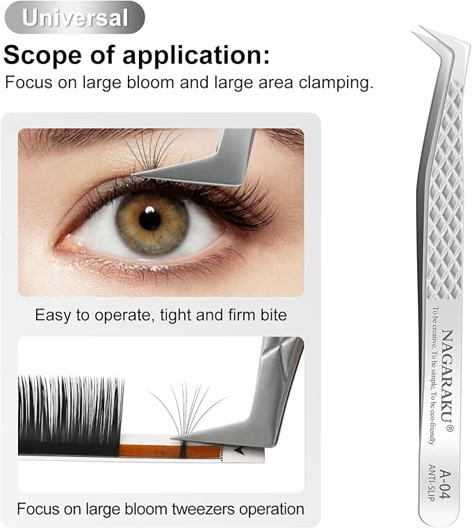 NAGARAKU Eyelash Extension Tweezers Diamond Grip with Pattern on tip Precision Durable Curved Professional for Classic Lash Fanning Volume (A-04)