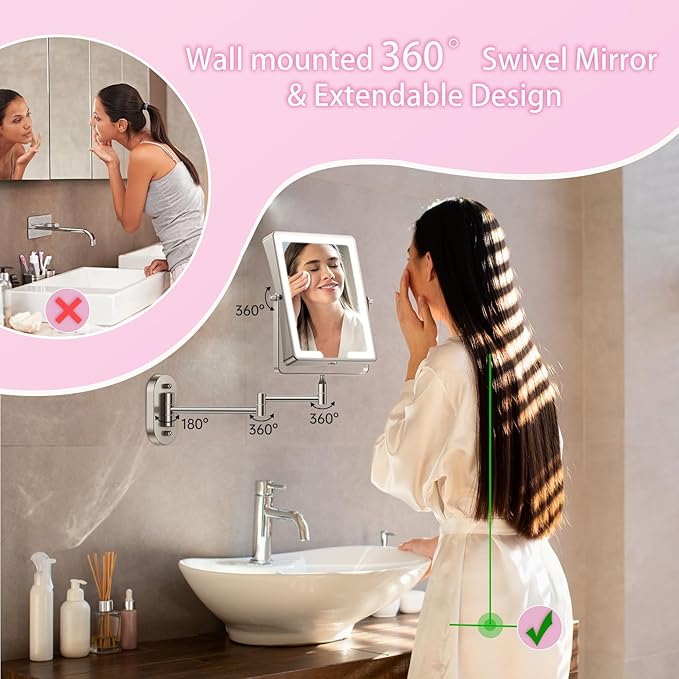 FASCINATE 5000mAh Rechargeable Wall Mounted Makeup Mirror, Bathroom Mirror Rectangle 8.7" Double Sided Touch Switch 1X 30X Magnifying, 3 Color Setting, Extended Arm 360° Swivel Foldable Nickel