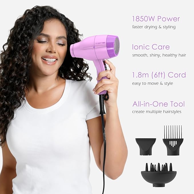 TOME Hair Dryer with Diffuser Blow Dryer Ionic 1875W Cool Shot Curly Hair Teeth Comb Nozzle attachments Light Weight Low Noise Fast Dry Purple