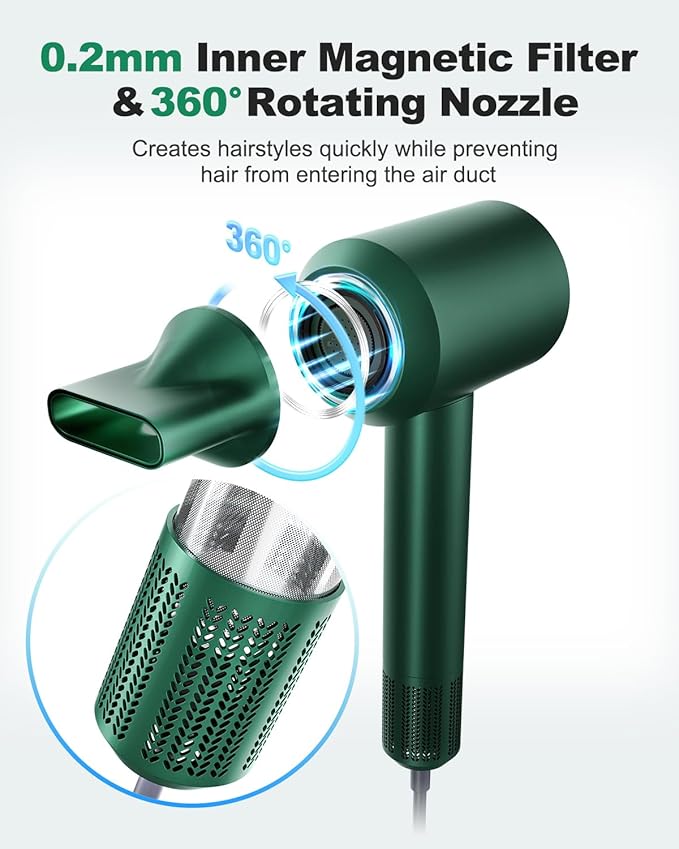 7MAGIC High-Speed Hair Dryer with 110,000RPM Brushless Motor for Fast Drying, Low Noise Blow Dryer with Tri-Colour LED Light Ring, 1400W Ionic Hair Dryer for Home and Travel, Magnetic Nozzle, Green