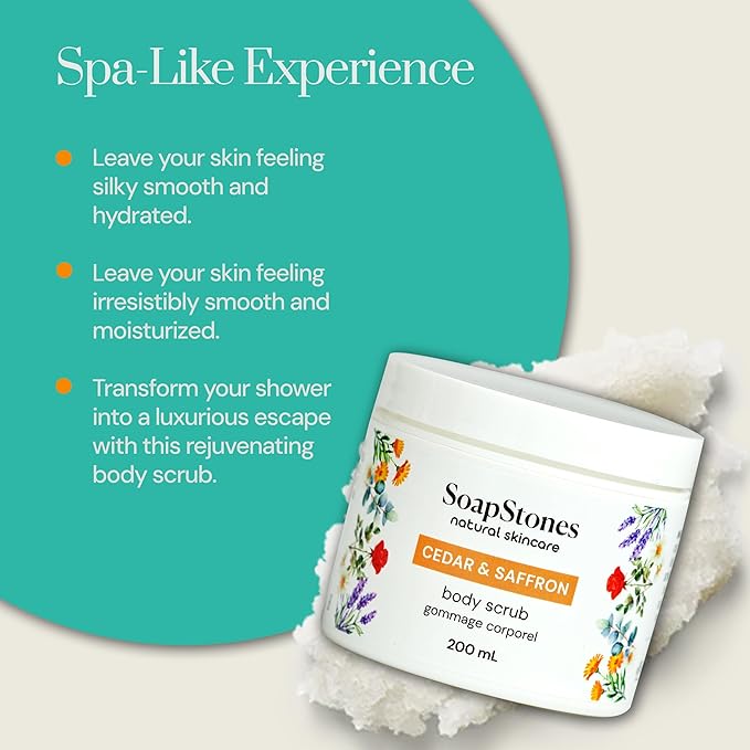 Soapstones Cedar and Saffron Exfoliating Body Scrub - 200 mL - Gentle and Soothing with Safflower Seed Oil - Woodsy, Spicy Aroma Infused Body Scrub Exfoliator