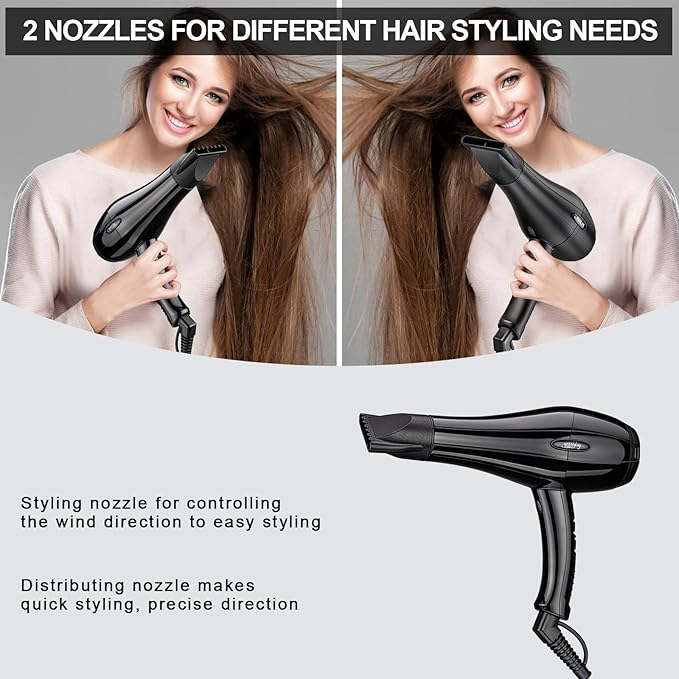 Professional Salon Hair Dryer, Blow Dryer Active Oxygen Negative ions Dryer with Attachments for Fast Drying for Family, Low Noise (Mirror Black, 2 Accessories)