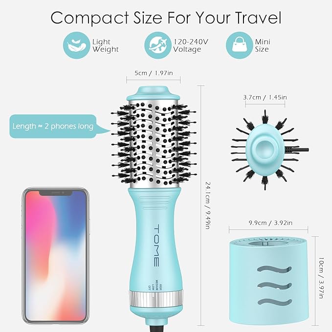 Tome Travel Hair Dryer Brush, Dual Voltage Blow Dryer Brush, Mini Hot Air Portable 2 inch Travel Hair Dryer Styler Volumizer Oval Shape (Blue)