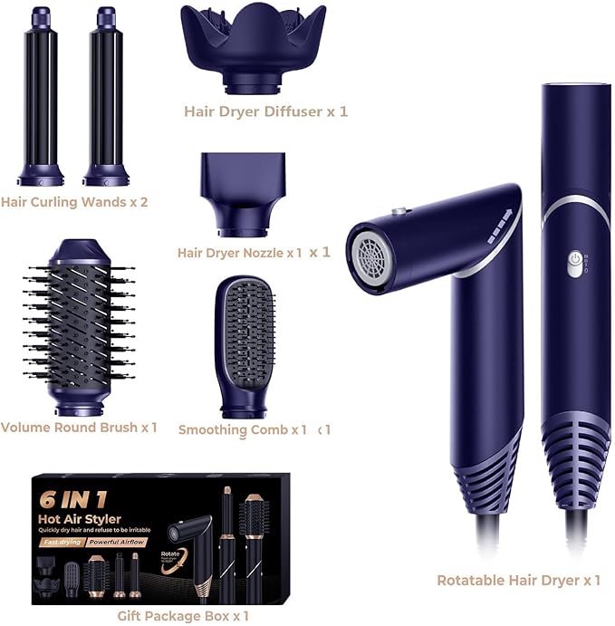 6 in 1 Hair Dryer Brush, Detachable Air Hair Styler Curling, Drying,Volumizing, Straightening, Negative Ionic Hair Dryer with Diffuser, Hair Styling Tools