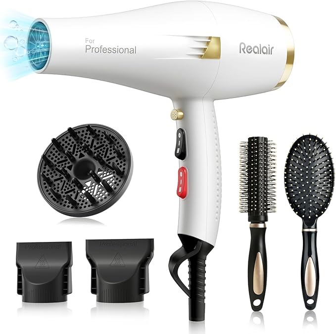 Salon Hair Dryer, Professional Blow Dryer AC Motor Fast Drying with 2 Speed, 3 Heat Setting, Cool Button, with Diffuser, Nozzle, Concentrator Comb for Curly & Straight Hair