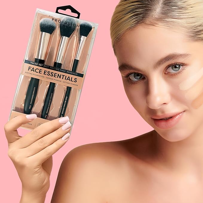 Profusion Cosmetics 3-Piece Artistry Essentials Face Brushes – Makeup Tools for Foundation, Powder & Setting, Vegan & Cruelty-Free Kit