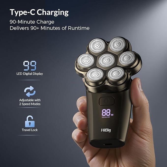 7D Arc Electric Shaver for Head & Body, 5-in-1 Electric Razor, Waterproof Wet/Dry Head Shaver with Magnetic Detachable Head, LED Display Rechargeable Electric Shaving & Grooming Kit, Dark Gray