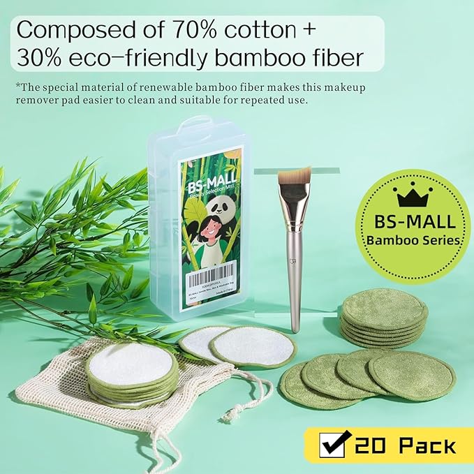 BS-MALL Cotton Rounds Bamboo Fiber for Face & Gentle Reusable Eye Makeup Remover Pads 20 Pcs, Facial Mask Brush & Foundation Brush- Travel-Friendly Skincare Set with Storage Box & Washable Bag